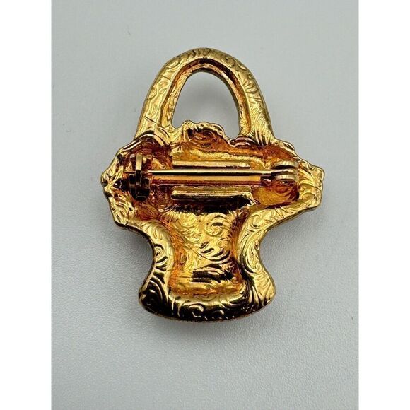 1928 Flower Basket Brooch Enamel Iridescent Crystals Porcelain Gold Tone Vintage - Picture 4 of 7